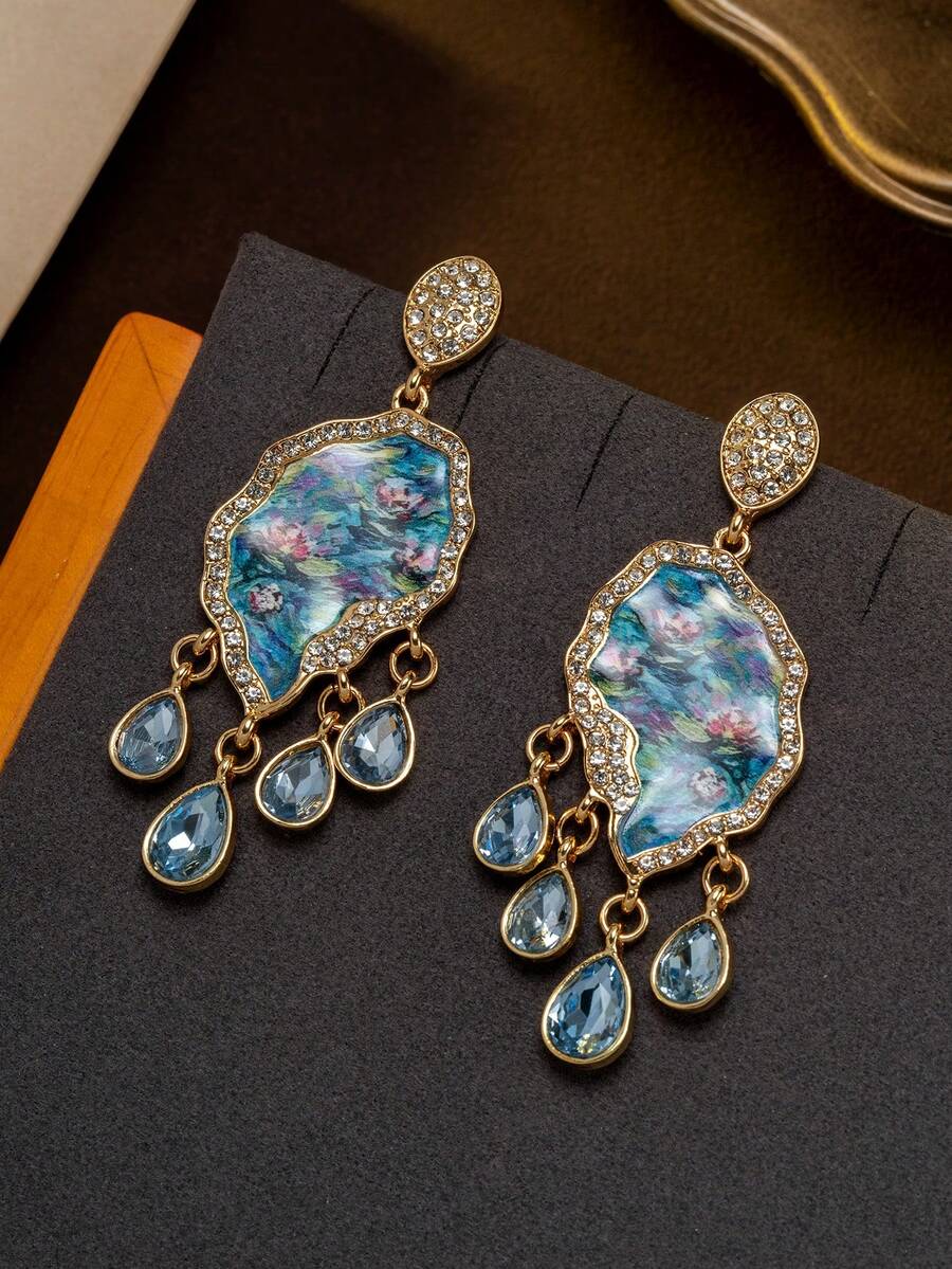 A Pair Of French-Style Water Lily Print Irregular Wavy Full Rhinestone Frame Long Earrings, Perfect For Vacation Parties And Gifting. - Baby Blue - View 1