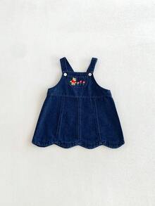 Miniweenns 1pc Baby Girl Denim Sweet Cute Style Adjustable Suspenders Embroidered Pocket Wavy Hem Dress - Blue - View 13