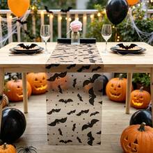 1 Rollo de Camino de Mesa de Halloween con Patrón de Murciélagos, Camino de Mesa para Fiestas y Vacaciones, Tapete Decorativo de Mesa de Comedor de Halloween, Tapete de Vajilla para Restaurante, Tapete de Textura de Gasa para Mesa, Para Cocina de Halloween, Suministros para Fiestas - Negro - Ver 8
