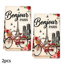 2件裝巴黎艾菲爾鐵塔印花廚房毛巾，法式單車圖案手巾，Bonjour文字裝飾毛巾，吸水柔軟抹布，歐式居家廚房用品，4/6/8組合套裝 - 彩色 - 查看 10