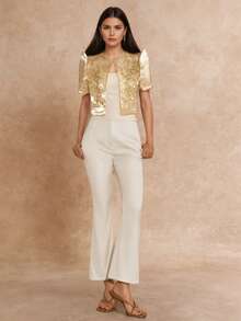 蝴蝶袖 Filipiniana 風格女款優雅花瓣袖亮片圖案短袖上衣 - 金色 - 查看 4