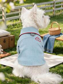 PETCIRCLE 1件裝寵物衣服 小狗幼犬貓用 可愛風翻領設計 附牽繩扣環愛心領襯衫 - 藍色 - 查看 2
