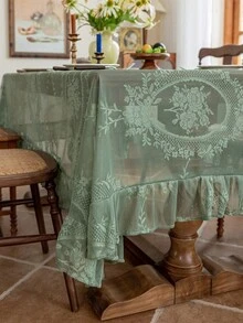 1件蕾絲編織桌布，波浪邊飾，聚酯纖維布料，刺繡花卉圖案桌布，長方形正方形圓形桌布，適用於餐廳客廳桌面裝飾 - 綠色 - 查看 2