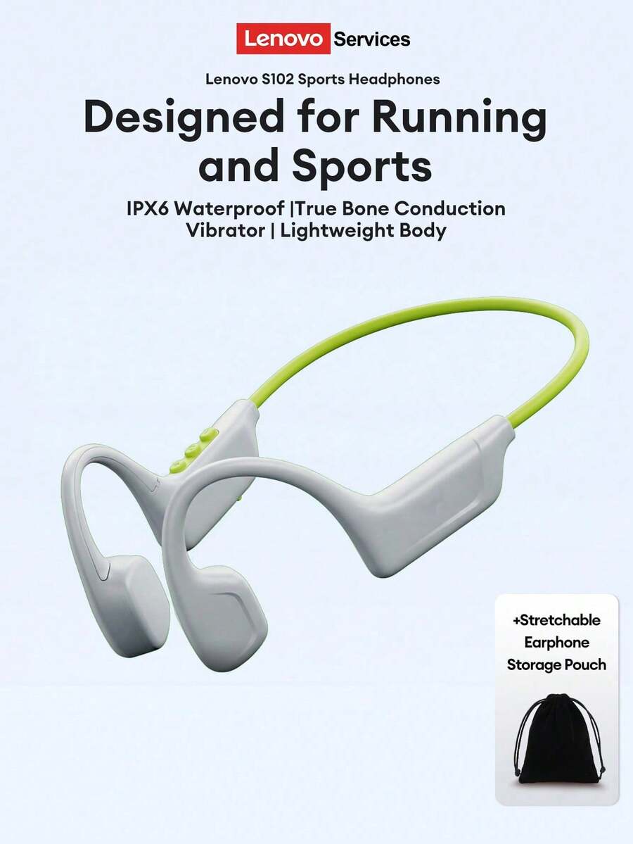 Lenovo S102 IPX6 防水骨傳導耳機，開耳式設計，藍牙 6.0，低延遲，降噪通話，長效續航，附收納袋，適用運動、露營與旅行，相容手機、平板與電腦，節日禮物