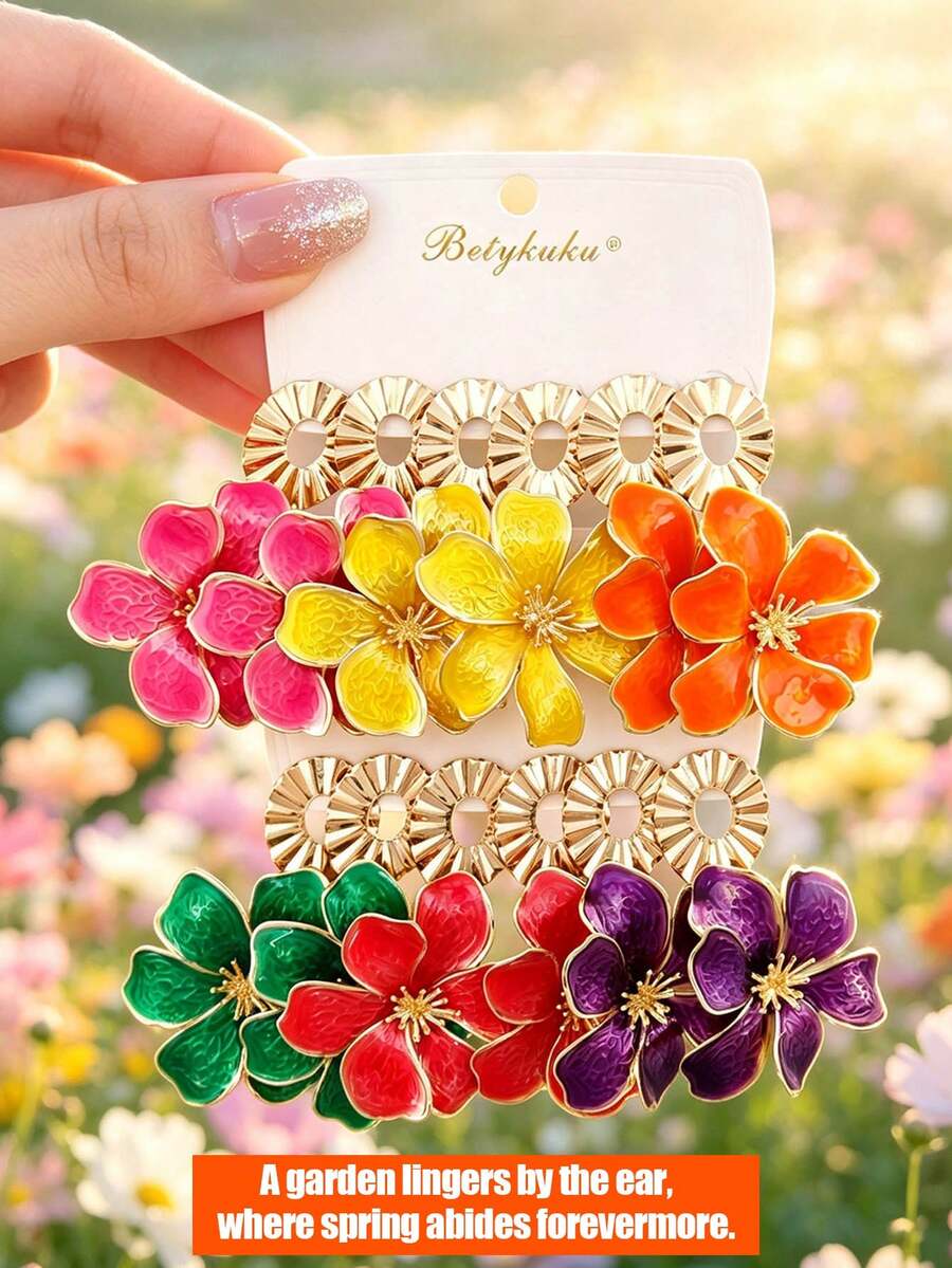 Betykuku 1/6 Pairs Colorful Flower Earrings Set For Women And Girls, Daily Casual Party Jewelry Gift