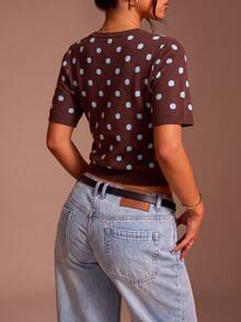 Women's Minimalist Elegant Commute Street Polka Dot Color Block Knit Pullover Short Sleeve Top - Brown - View 4