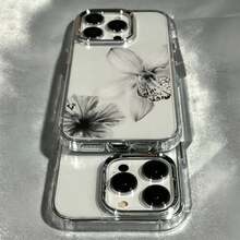1pc Metal Button Minimalist Transparent Grayscale Ink Wash Floral Pattern Phone Case Personalized For IPhone 16 Pro Max 17 16 15 14 Plus 13 12 11 Air Protective Shell - Multicolor - View 2