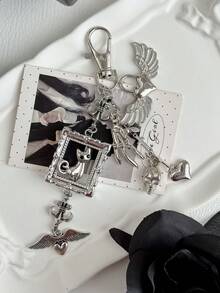 Gothic Cross, Heart-Shaped Wings, Keychain, Multi-Element Key Ring, Vintage Cat, Personalized Bag Pendant, Accessory - Silver - View 5