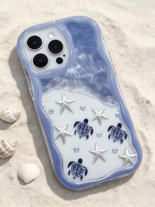 Cream Dopamine Wavy Ruffle Soft TPU Texture Creative Personalized Turtle Pattern Phone Case With DIY Star Wrist Strap Compatible With Galaxy S21 S22 S23 S24 S25 S26/Honor/ And Other Models - Clear - View 4