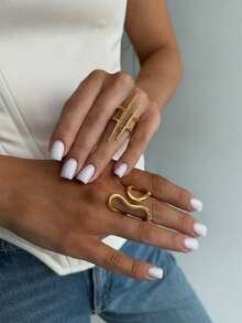 1 Set Stainless Steel Women's Open Ring Set, Geometric Line Wave Adjustable Finger Rings, Double Point Metal Bar & Asymmetrical Twisted Line Elements, Niche Avant-Garde Cool Style, Gold Color, Teacher, Women's Accessory, Suitable For Daily Wear, Vacation, Street Outings, Can Be Used As Birthday Gift, Avant-Garde Minimalist Design, Easily Create Personalized Fashionable Outfit - Ring Set - View 1