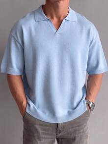 Nuevo suéter holgado de punto con cuello en V de unicolor retro, informal y sencillo, unisex para hombre, primavera/verano - Azul - Ver 2
