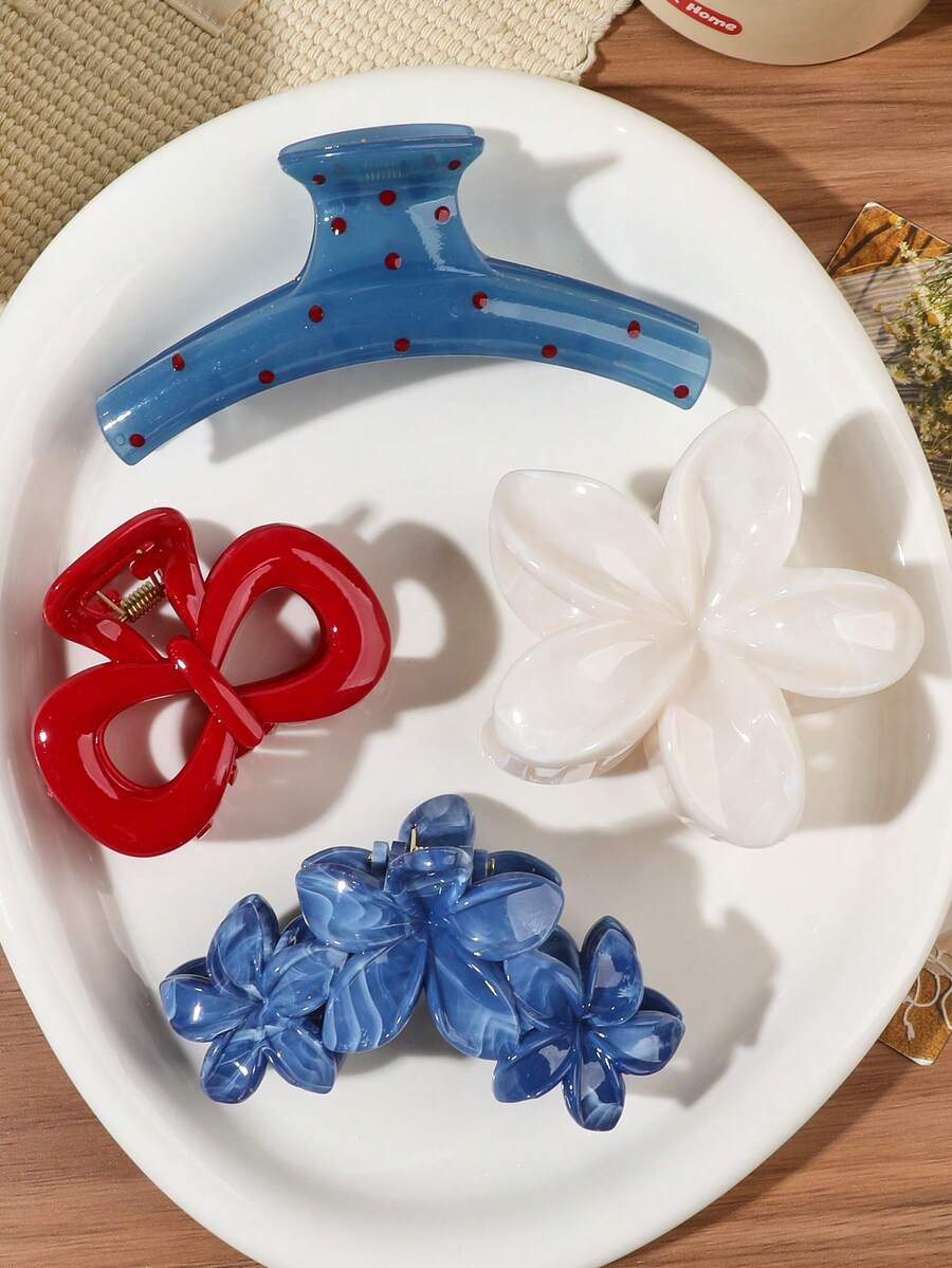 4件組春夏波希米亞甜美紅藍配色果凍髮夾,附紅色蝴蝶結、花卉與大理石紋,海灘海邊盤髮髮飾 - 彩色 - 查看 1