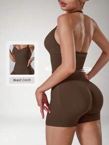 NcmRyu Women's 1pc Solid Color Halter V-Neck Adjustable Strap Ruched Front Backless Scrunch Butt Sports Romper - Mocha Brown - View 11