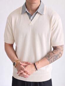 GRKC Men's Short Sleeve Knit Polo Shirt, Polo Collar, Loose Straight Fit, 2 In 1, Casual Commuter Style, Spring/Summer Top - Apricot - View 3