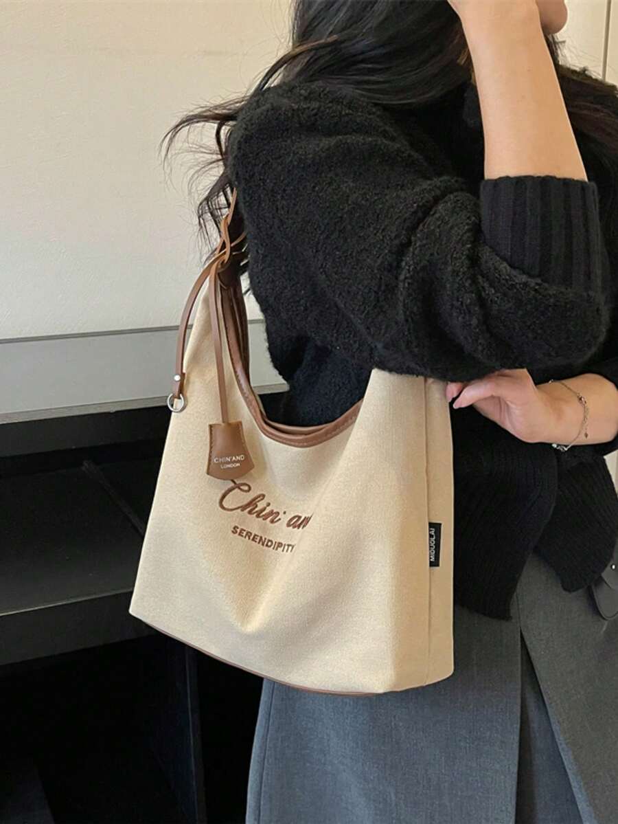 休閒百搭字母刺繡女款單肩包,拼色拼接大容量腋下半月包,適合通勤與購物 - 米色 - 查看 1