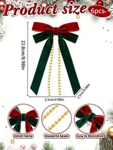 6/12/24件組 紅綠天鵝絨蝴蝶結緞帶，復古手工聖誕花環蝴蝶結裝飾，門飾花環禮品包裝裝飾 - 紅色拼綠蝴蝶結 - 查看 9