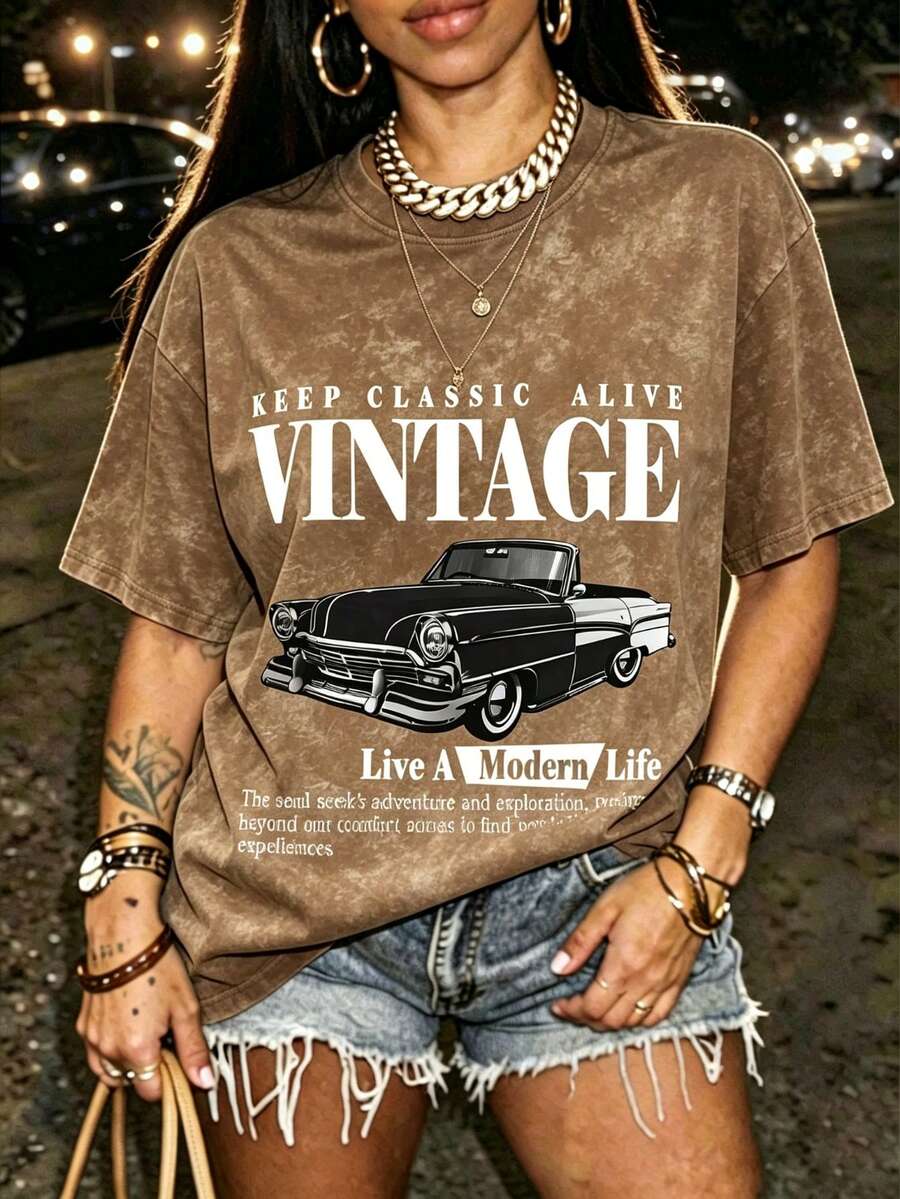 水洗黑經典汽車圖案T恤，Y2K寬鬆大尺寸街頭風T恤，「Keep Classic Alive」復古標語休閒上衣，適合汽車愛好者