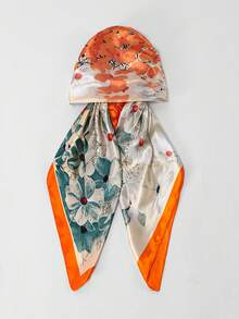 1PC Women's Orange Floral Pattern Easy-To-Wear Headscarf, Printed Satin Elastic Headwrap, Easy To Put On - Orange Floral - View 7
