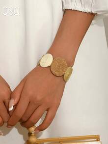 OOQ 1pc Vintage Minimalist Style Brown Geometric Circle Patchwork Bracelet, Fashionable Personalized Design Elegant Women's Fashion Bangle, Open Adjustable Size, Suitable For Daily Wear And Holiday Gift - Mixed Coffee - View 5
