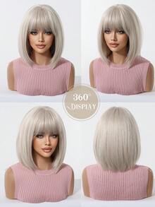 12 Inch Platinum Blonde Straight Bob Wig With Bangs, Shoulder Length Smooth Synthetic Fiber Women's Wig, Heat Resistant Natural Fashion, Suitable For Daily Wear, Date, Party, Cosplay, Halloween Costume - Multicolor - View 8