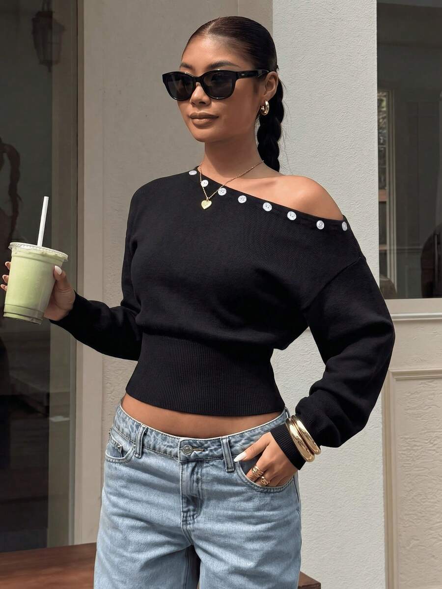 Women's Asymmetric Open Shoulder Button Decor Long Sleeve Cropped Ribbed Knit Sweater, Autumn Y2K Street Style Casual Nightclub Top - Black - View 1
