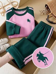 Young Girl Cartoon Print Colorblock Crew Neck Long Sleeve Top And Pants - Dark Green - View 4