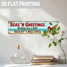 1pc Vintage Ocean Greeting Wishing You A Very Beachy Christmas Metal Sign, Beach Christmas Theme Wall Hanging, Retro Wall Decor, Suitable For Christmas Decoration, Living Room, Bedroom, Entryway, Decorative Sign, 3.93x15.74 Inches - A - View 6