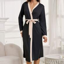 Women's Elegant V-Neck Adjustable Waist Long Robe - Soft Machine Washable Casual Home Morning Robe, Comfortable Loungewear Sleepwear - Black - View 5