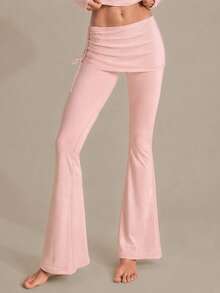 Women's 2-In-1 Pink Skirt-Style Flared Yoga Pants With Outer Skirt Panel, Gym Sports Fall - Pink - View 7