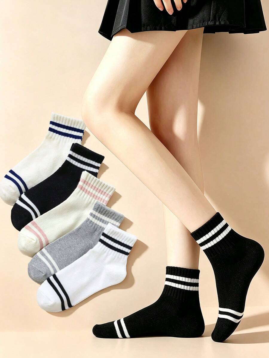 5 Pairs Women's Double Stripe Short Socks, College Style Casual Sports Socks, Comfortable Soft Daily Wear Socks - Multicolor - View 1