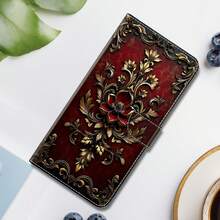 GLANDOTU Vintage Baroque Style Red & Gold Floral Pattern PU Leather Phone Wallet Case, With Card Slots, Lanyard And Stand, Compatible With Multiple Phone Brands And Models - Multicolor - View 6