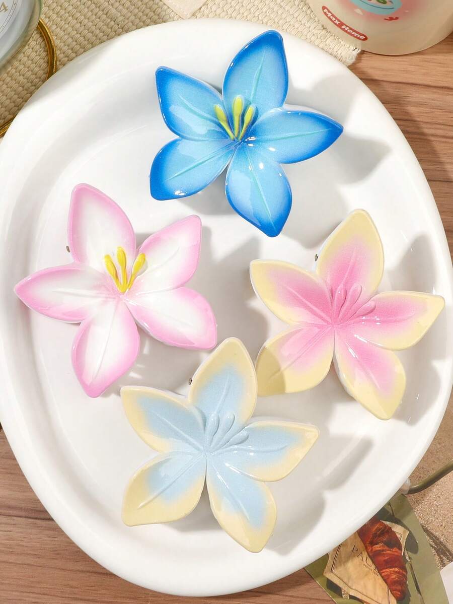 4件組春夏波希米亞甜美糖果色藍粉黃漸層對比色扶桑花髮抓夾 海灘海邊盤髮髮飾 - 彩色 - 查看 1