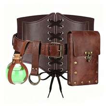 Conjunto de Cinturón de Cuero PU Estilo Punk Vintage Medieval con Bolsa de Cintura, Cinturón, Botella de Poción y Anillo Colgante Multifuncional, Accesorio de Cosplay de Halloween para Actuaciones en Escenario - A - Ver 7