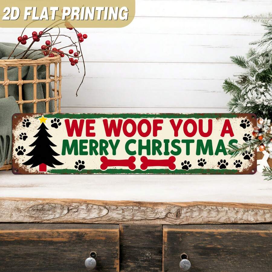 1pc Rustic Style "We Woof You Merry Christmas" Metal Sign, Dog Paw Christmas Decor, Christmas Wall Hanging Decoration, Suitable For Home, Farmhouse, Living Room, Indoor/Outdoor, Entryway, Decorative Sign, 9.91x39.88cm, 2D Flat - A - View 1