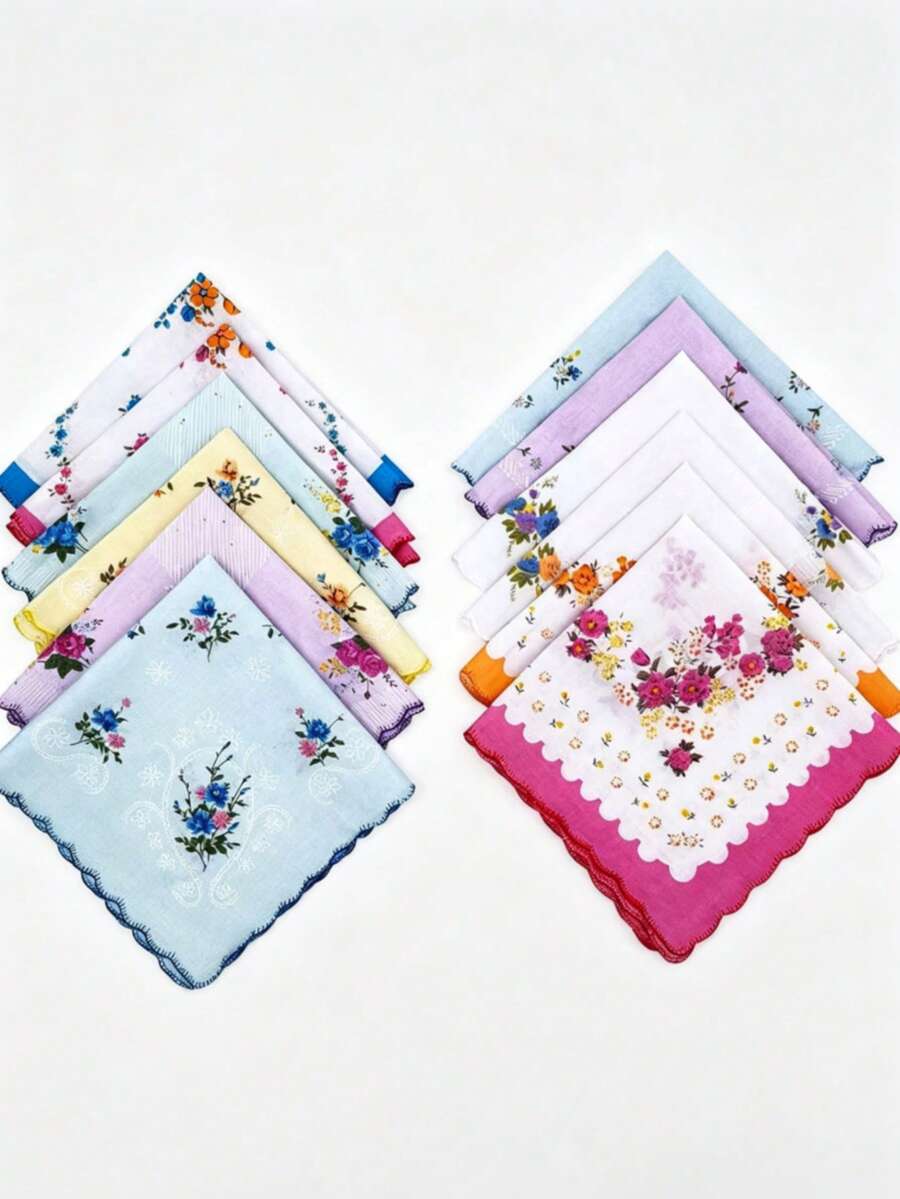 12pcs Women's Handkerchiefs, Vintage Style, 11-Inch Floral Pattern, Wavy Edge Design, Embroidered Craftsmanship, Suitable For Tea Parties, Weddings And Other Occasions. - Multicolor - View 1
