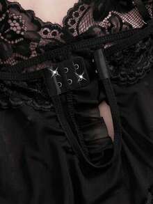2pcs/Set Women's Sexy V-Neck Lace Camisole Nightgown, Suitable For Home Wear [Chest Floral Pattern & Front Panel Placement Random] - Black - View 7