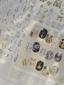 1 Silver Metal Nail Charm Sticker Alice Rabbit Swan Moon Rose 3D Embossed Nail Luxury Sticker Retro Butterfly Star Nail Art Decoration DIY - Silver - View 1