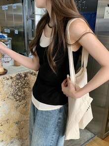 拼接撞色 2合1/解構街頭風女款夏季上衣休閒黑色 - 黑色 - 查看 8