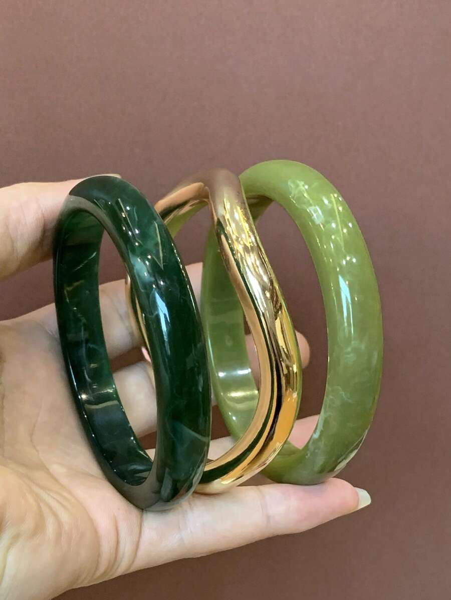 3件組時尚復古粗款多色不對稱壓克力手鐲套組,適合女性日常配戴,送給朋友與家人的禮物 - 彩色 - 查看 1