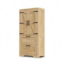 Rustic Style Kitchen Cabinet With 2 Drawers And Adjustable Shelves, Side Cabinet With Barn Door Design, Ideal As Storage Furniture For Kitchen, Dining Room And Living Room, Natural Wood Color. - Khaki - View 9