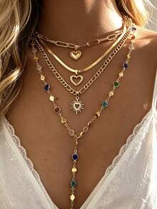 4pcs Y-Shaped Necklace Set, Bohemian Style Layered Fashion Minimalist Elegant Exquisite Vintage Design Geometric Heart Hollow Design Snake Chain Colorful Rhinestone Bling Bling Shiny Metal Style Minimalist Plain Chain Metal Style Tassel Pendant Y-Shaped Necklace Multi-Piece Set Holiday Vacation Party Date Gift Daily Commute Wear - Yellow Gold - View 5