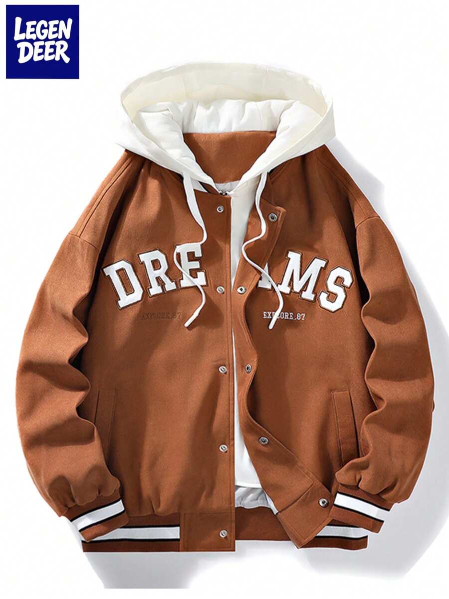 Men's Hooded Drawstring Front Button Letter Print Lightweight Casual Long Sleeve Jacket & Coat, Spring/Autumn - Coffee Brown - View 1