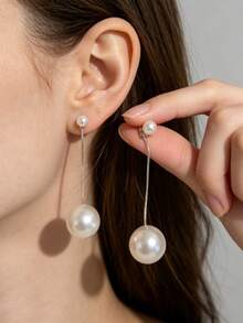1 Pair Of Fashionable Personalities Long Style Temperament Faux Pearl Earrings Suitable For Women's Daily Commuting ﻿ ﻿ ﻿ - Silver - View 6