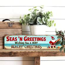1pc Vintage Ocean Greeting Wishing You A Very Beachy Christmas Metal Sign, Beach Christmas Theme Wall Hanging, Retro Wall Decor, Suitable For Christmas Decoration, Living Room, Bedroom, Entryway, Decorative Sign, 3.93x15.74 Inches - A - View 7