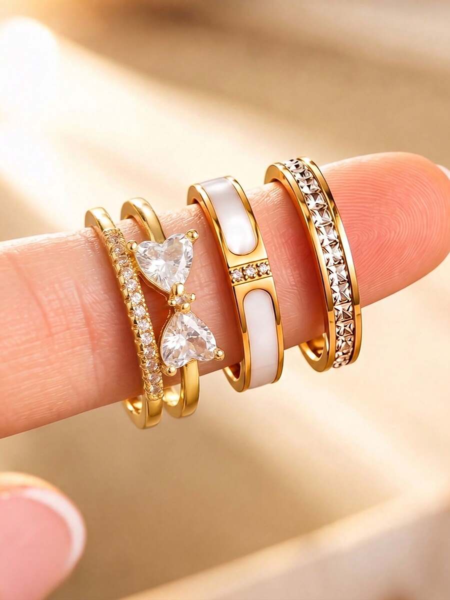 3 st minimalistiskt elegant ringset, stapelbar design, perfekt för daglig pendling, dejter och andra tillfällen, mycket iögonfallande - Guld - Visa 1