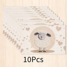 1pc Cartoon Sheep Heart Pattern Faux Linen Placemat, Cute Pastoral Style Rectangular Bowl & Plate Mat, Easy To Clean Table Decor, Suitable For Home Kitchen, Restaurant, Cafe And Holiday Decoration, 2/4/6/8pcs Multi-Piece Set - Multicolor - View 11