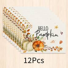 1件裝秋季南瓜楓葉植物印花仿亞麻餐墊，Hello Pumpkin長方形餐盤墊，適用於居家廚房、餐廳、感恩節派對與豐收季節餐桌裝飾 - 彩色 - 查看 14
