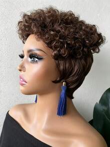 Peluca corta de cabello humano estilo pixie de 6 pulgadas, peluca de cabello humano rizado y rizado para mujeres, peluca completa hecha a máquina - Multicolor - Ver 16