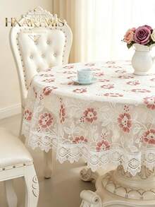 HXARTMIS 1PC Hollow Lace Floral Embroidered Round Tablecloth, Water-Soluble Lace Trim, Washable Polyester Fiber Tablecloth, Suitable For Coffee Side Table, Wedding, Holiday, Home Tabletop Decoration - White - View 2