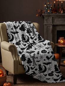 1pc Halloween Black Cat Flannel Blanket, Single-Sided Print, Soft And Lightweight, Cartoon Print, Home Essential, Comfortable And Soft, Easy To Care, Multi-Functional Blanket, Room Decor, Halloween Decoration, Ideal Halloween Gift, Perfect Birthday Gift - Multicolor - View 7